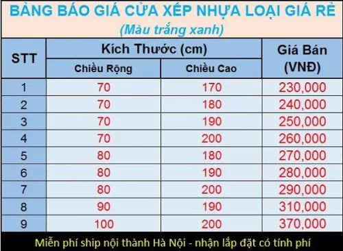 Bảng giá cửa xếp nhựa nhà vệ sinh giá rẻ nhất