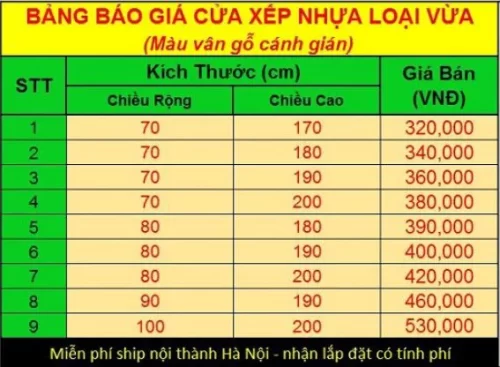 Bảng giá cửa xếp nhựa loại trung bình màu vân gỗ cánh gián