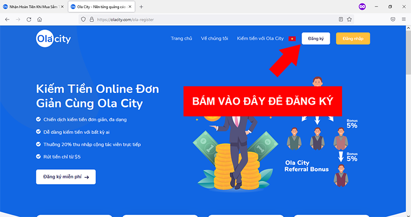 Giao diện website đối tác liên kết Ola City