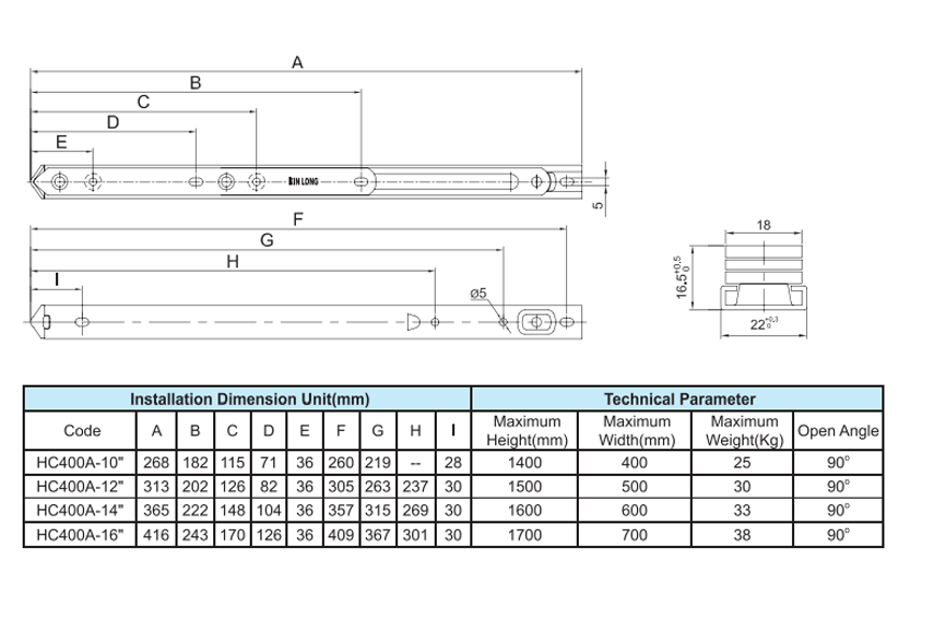 Thông số kỹ thuật kích thước tải trọng bản lề chữ A HC400A hãng Kinlong 