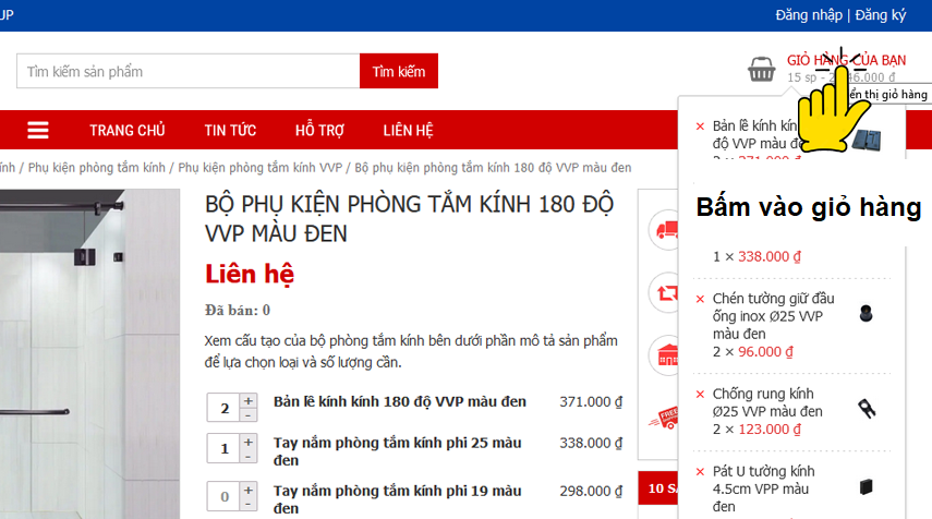 Bấm vào giỏ hàng để kiểm tra lại thông tin các sản phẩm đã mua, tùy chỉnh lại số lượng và sử dụng mã khuyến mãi