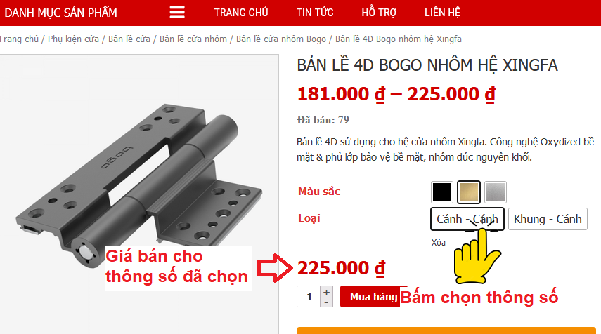 Bấm chọn tất cả các thông số tùy chọn để hiện giá bán cho thông số đã chọn