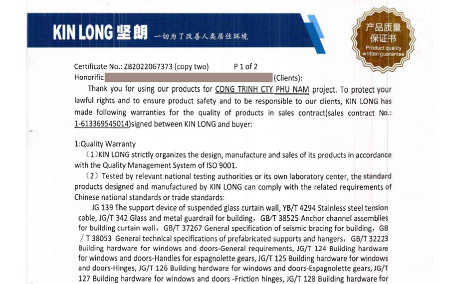 Trên giấy CQ do công ty của Kinlong cấp sẽ có tên của công trình sử dụng phụ kiện Kinlong
