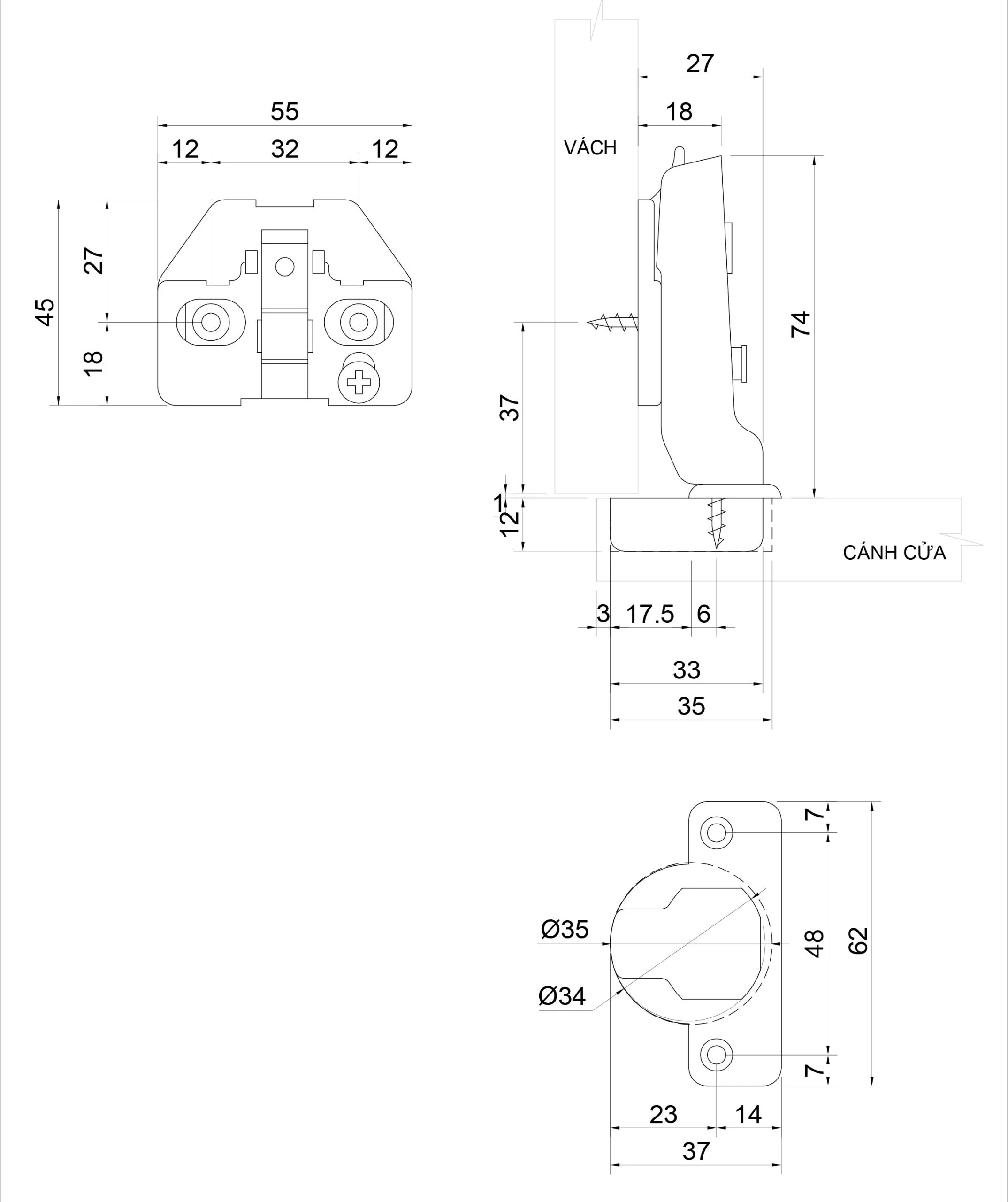 Thông số kỹ thuật bản lề bật giảm chấn IVAN 01489.002