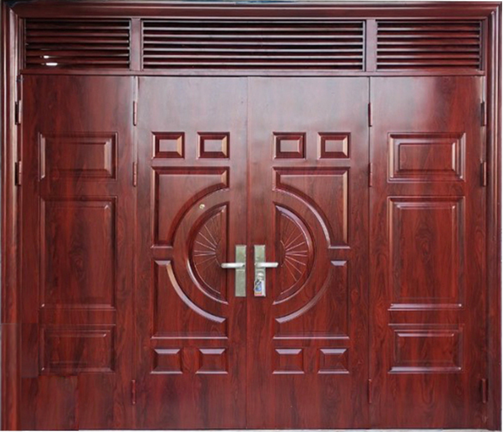 Mẫu cửa thép vân gỗ 4 cánh trưng bày tại Showroom 196 Nguyễn Xiển Hà Nội