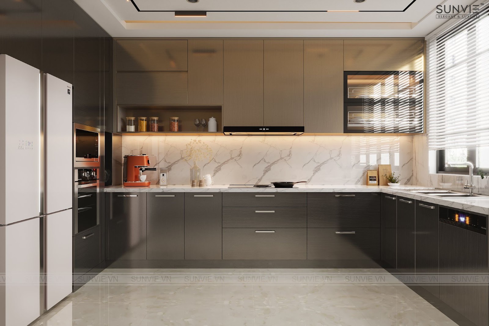 Thiết kế tủ bếp chữ U với khả năng làm việc rộng đặc biệt dành cho những căn bếp có diện tích lớn. 