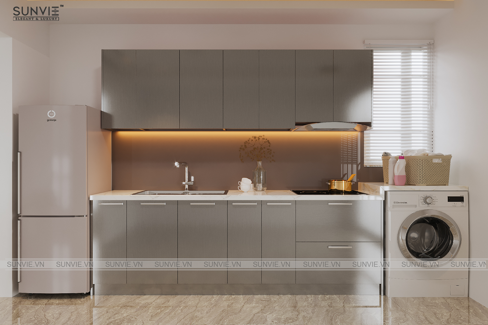 Tủ bếp SVE I25 Sunvie với thiết kế đơn giản, màu sắc trang nhã thích hợp với nhà bếp có diện tích nhỏ theo phong cách hiện đại. 