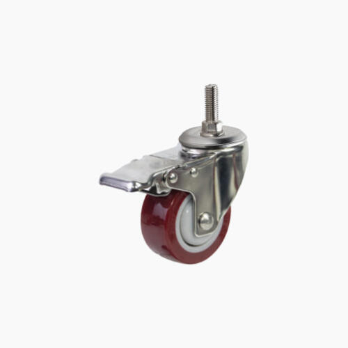 Bánh xe cọc vít nhựa PU đỏ CP031 xoay khóa càng inox - Hình ảnh 2