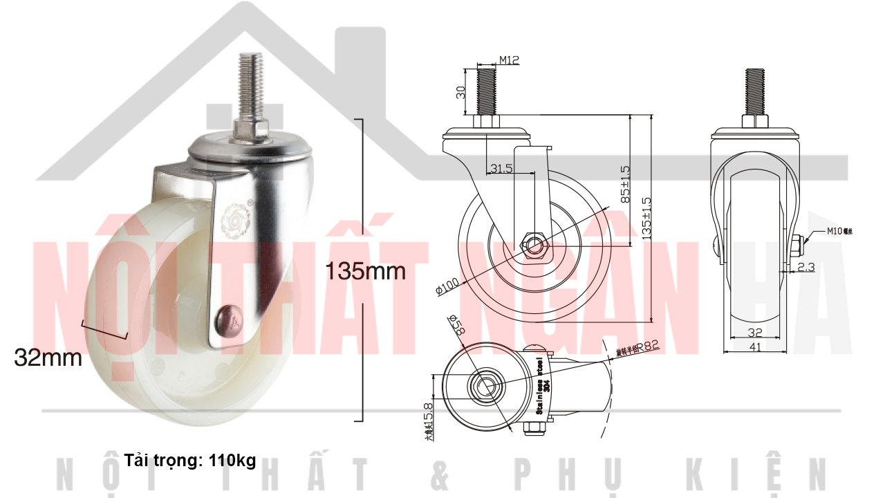 Thông số kỹ thuật bánh xe đẩy CP056-100 cọc vít càng inox