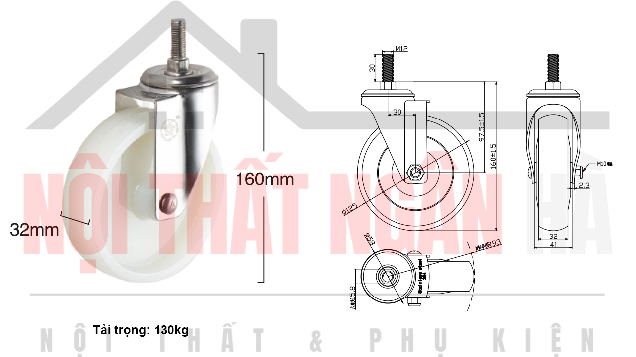Thông số kỹ thuật bánh xe đẩy CP056-125 cọc vít càng inox