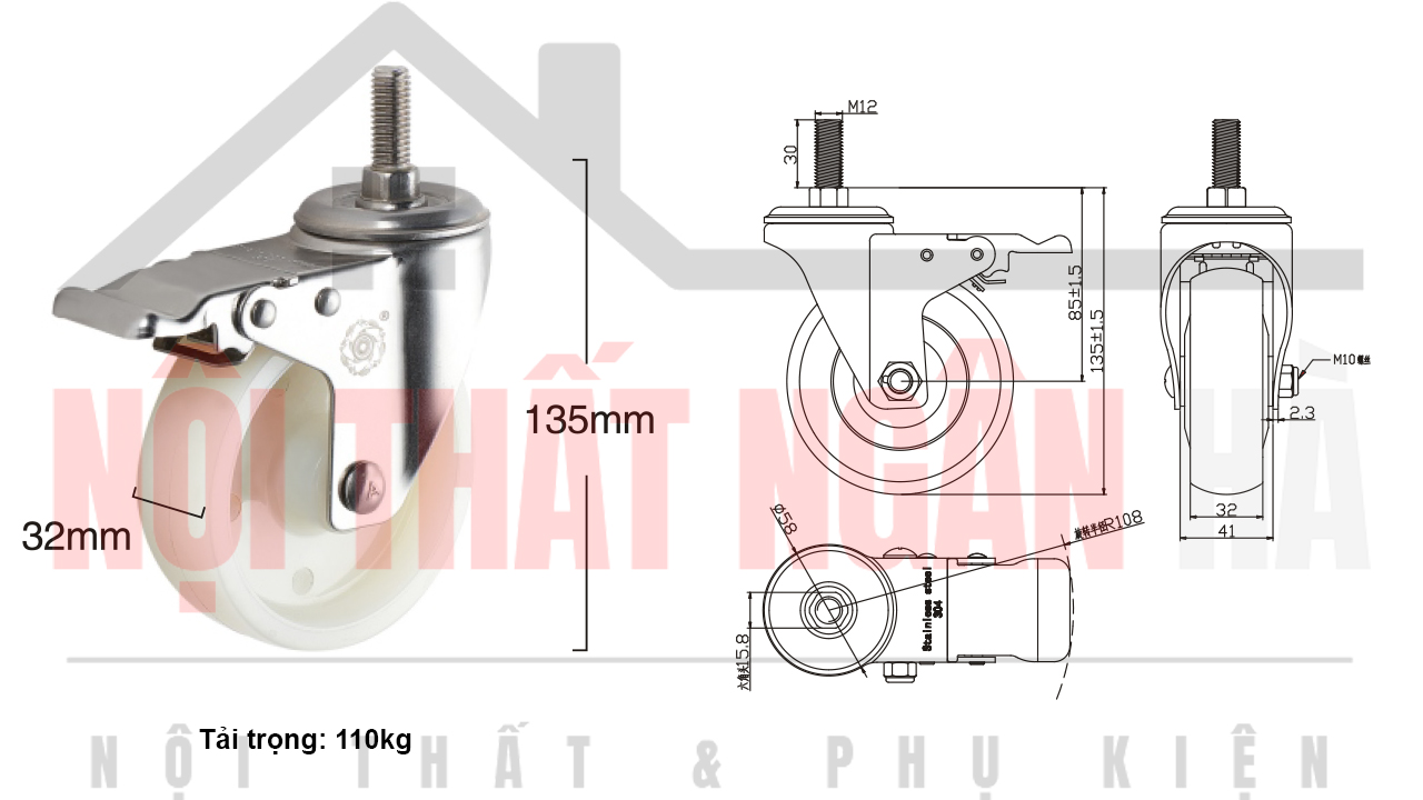 Thông số kỹ thuật bánh xe đẩy CP057-100 cọc vít khóa kép càng inox