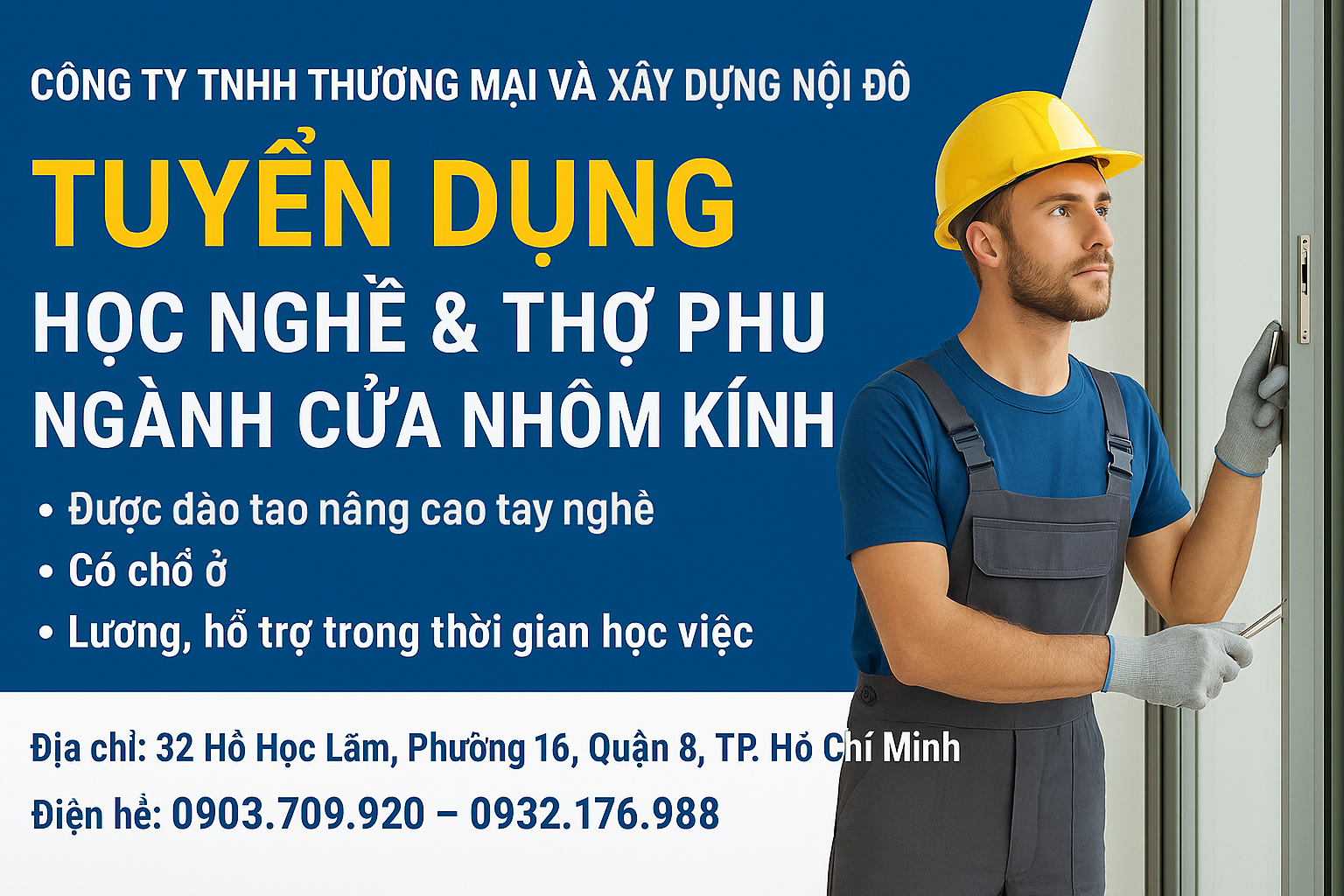Tuyển học nghề, thợ phụ cửa nhôm kính tại TP HCM
