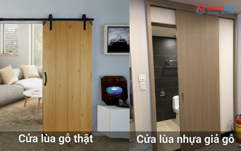 Cận cảnh một mẫu cửa lùa bằng nhựa giả gỗ, minh họa lợi ích về chi phí so với cửa gỗ tự nhiên.