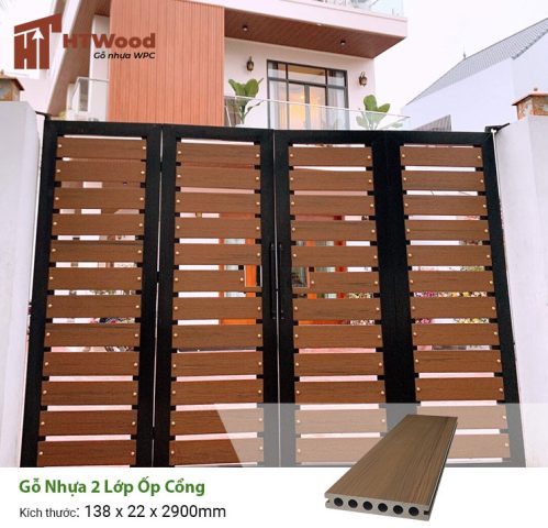 Cửa cổng ốp nhựa giả gỗ 2 lớp chắc chắn