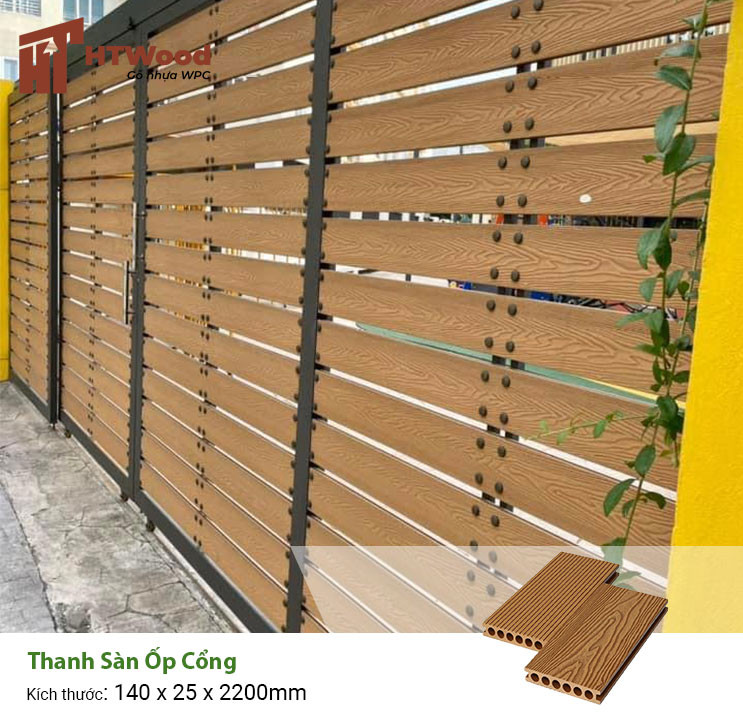 Cửa cổng ốp nhựa giả gỗ với thanh sàn vân 3D