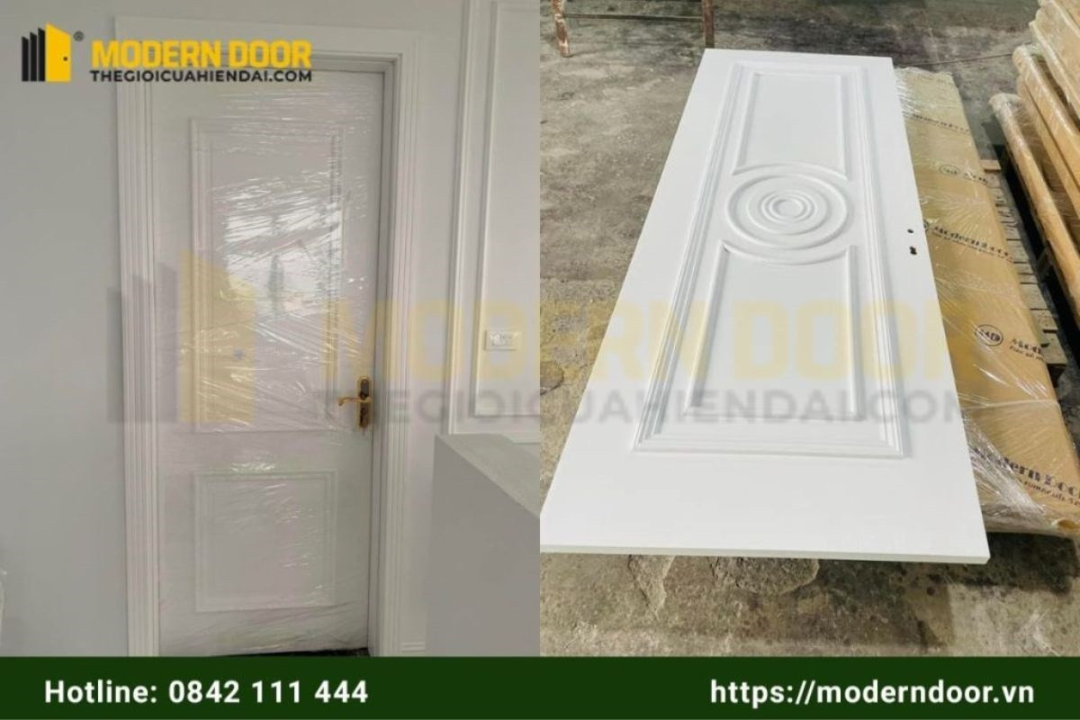 Cửa gỗ giả nhựa Composite Panel liền tấm được sơn trắng phào nổi kết hợp khung bao