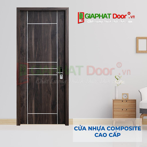 Cửa nhựa composite màu đen với họa tiết sọc trắng