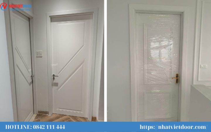 Cửa nhựa giả gỗ sơn màu trắng, kết hợp khung và chỉ nổi