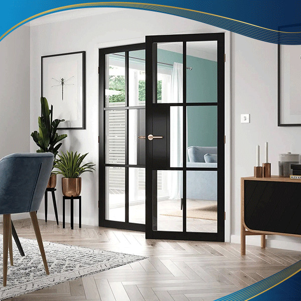 Cửa nhựa lõi thép 2 cánh mở quay màu đen kết hợp thanh nan