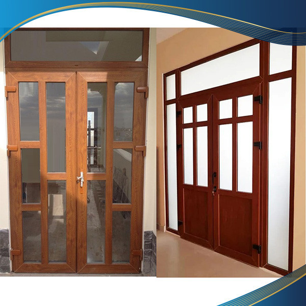 Cửa nhựa lõi thép vân gỗ 2 cánh kết hợp pano