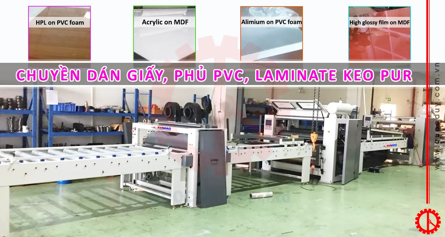 Dây chuyền phủ mặt laminate PVC keo PUR cho cửa gỗ nhựa composite