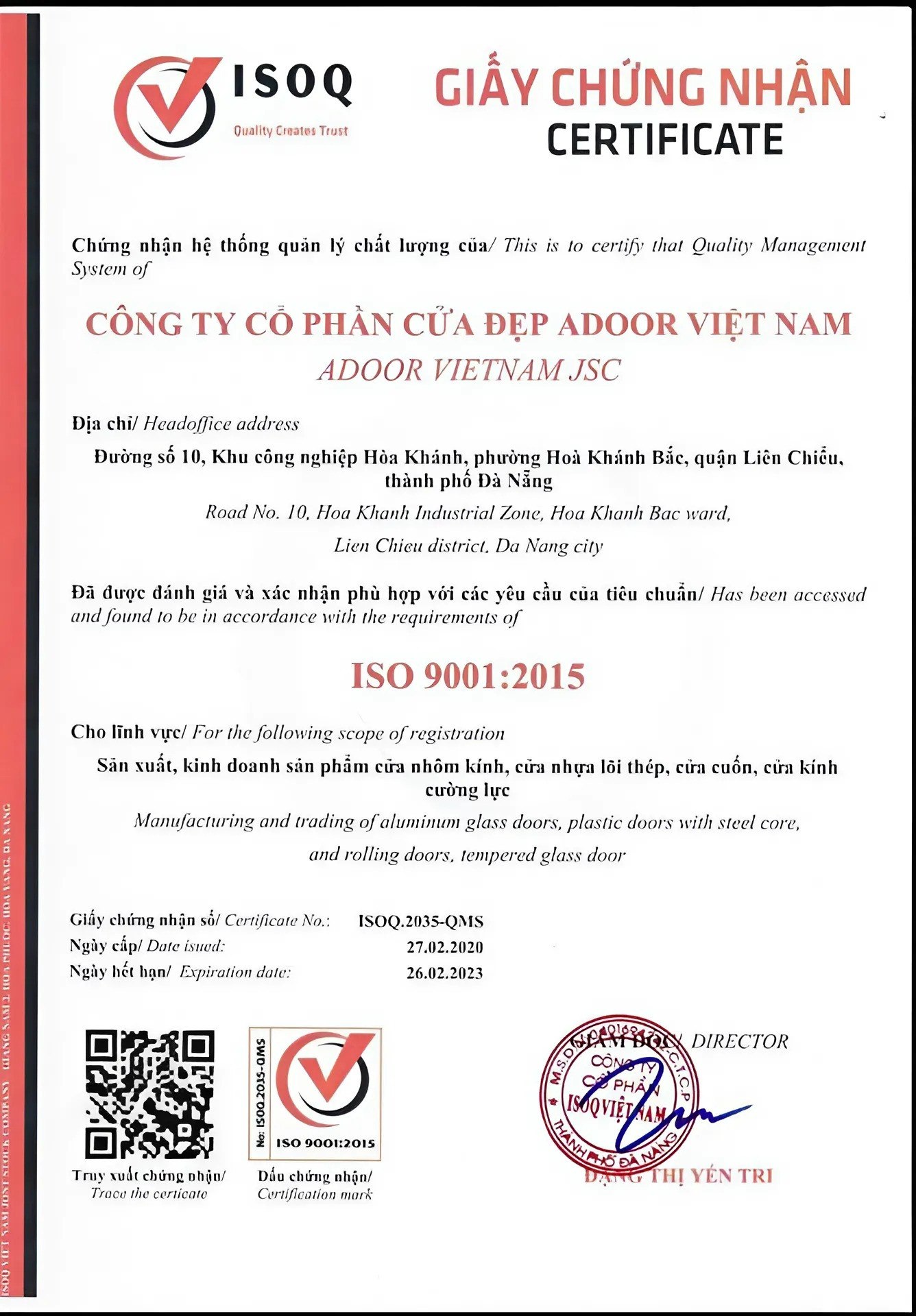 Giấy chứng nhận ISO 9001:2015 cho hệ thống quản lý chất lượng của NNM GROUP