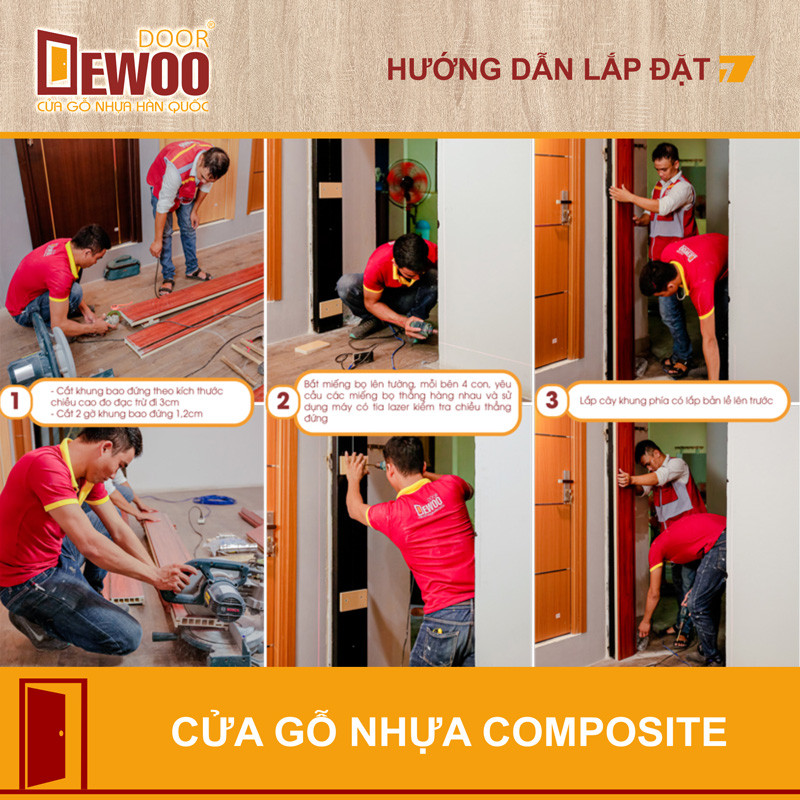 Hình ảnh nhân viên đang lắp đặt khung bao cửa nhựa composite