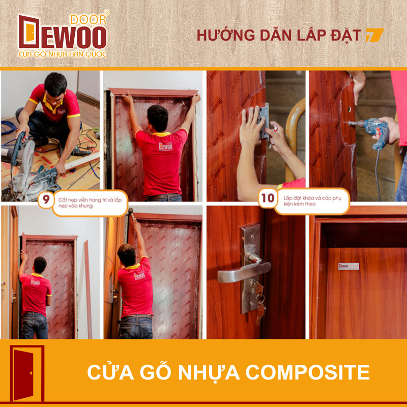 Hoàn thiện việc lắp đặt khóa và nẹp cho cửa nhựa composite