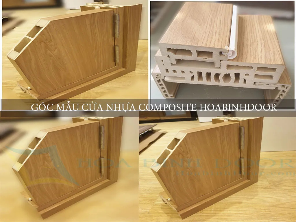 Mẫu vật liệu cắt ngang của cửa nhựa composite, thể hiện cấu trúc bền vững