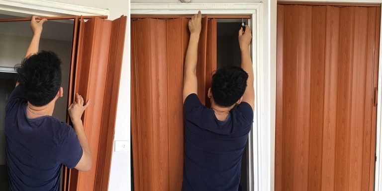 Minh họa quá trình cố định nẹp và bắn vít khi lắp cửa nhựa xếp phòng tắm