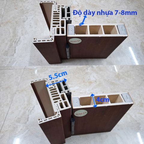 Mô tả độ dày và cấu trúc bên trong của cánh cửa nhựa composite, cho thấy sự chắc chắn.