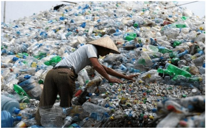 Một con rùa biển bị mắc kẹt trong rác thải nhựa ở đại dương