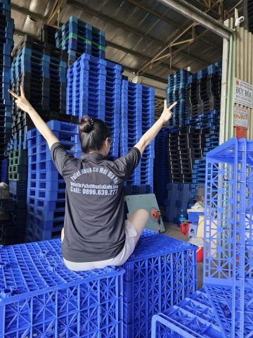 Tập hợp các pallet nhựa cũ màu xanh chồng lên nhau tại kho hàng, cho thấy hình ảnh của pallet nhựa cũ HCM đa dạng về kích thước và tình trạng sử dụng.