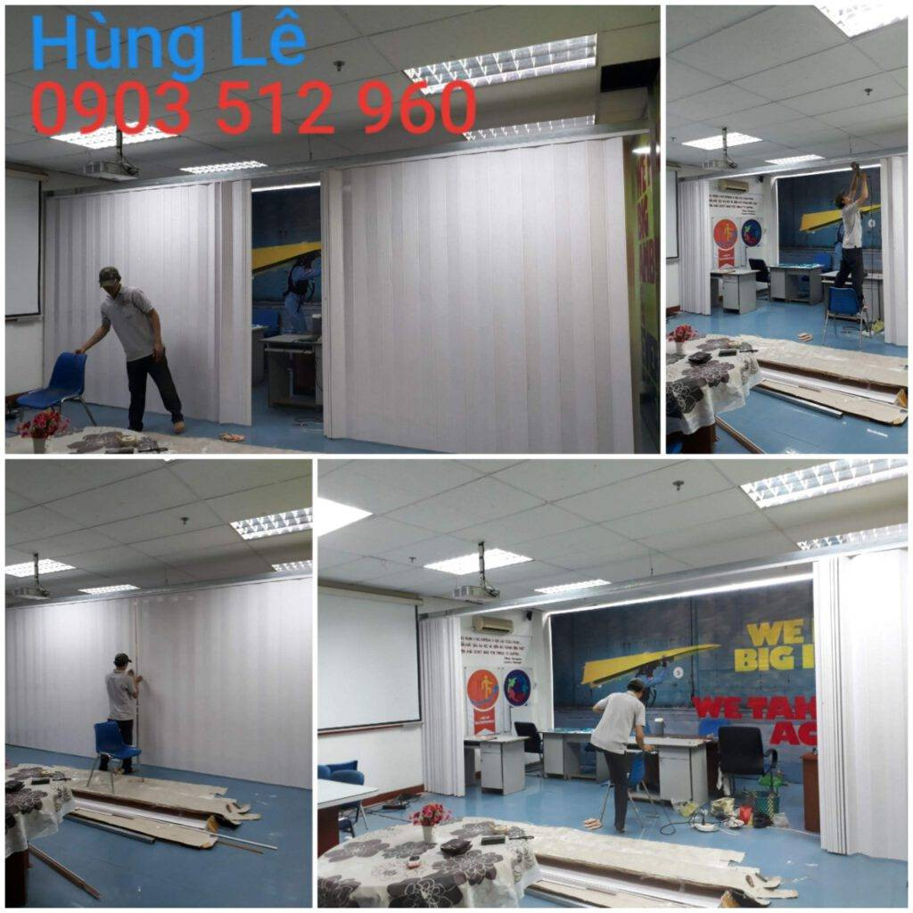 Thi công lắp đặt cửa xếp nhựa khổ lớn màu gỗ cho không gian rộng