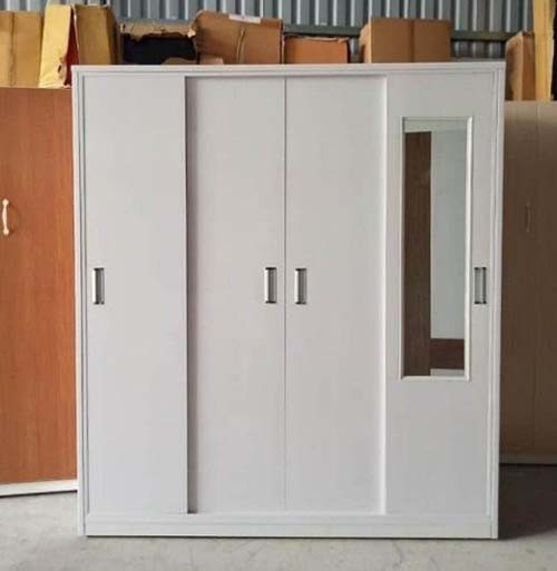 Tủ nhựa giả gỗ 4 cánh lùa màu trắng có gương