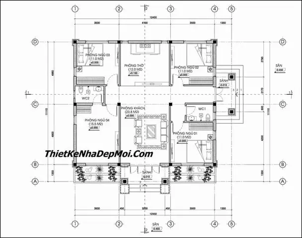 Bản Vẽ Thiết Kế 2 Phòng Ngủ 1 Phòng Thờ Tiện Nghi