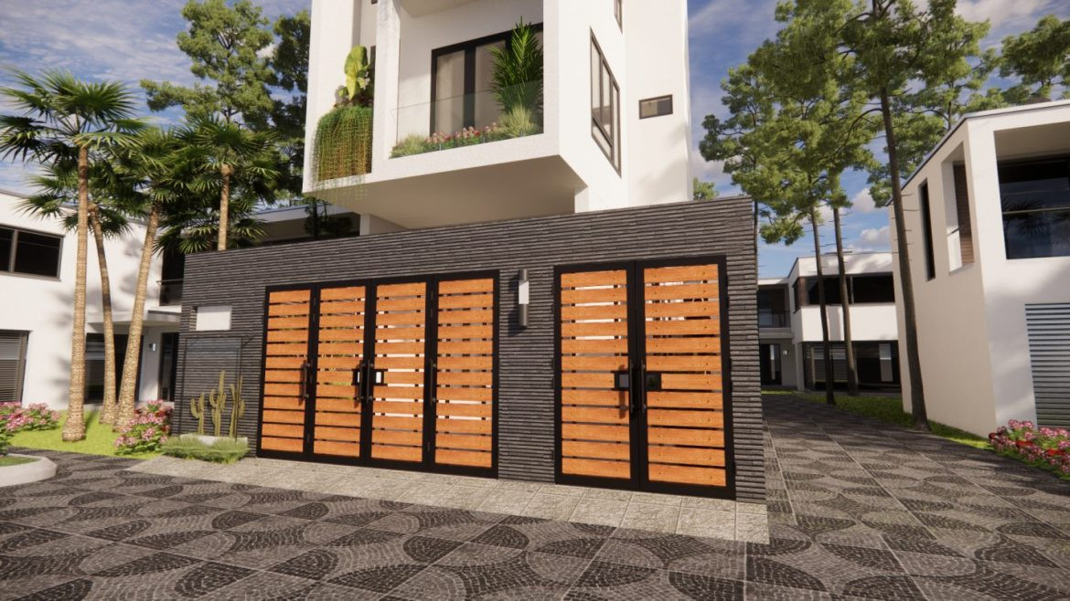 Cửa cổng gỗ nhựa composite 4 cánh mở rộng, tạo không gian bề thế
