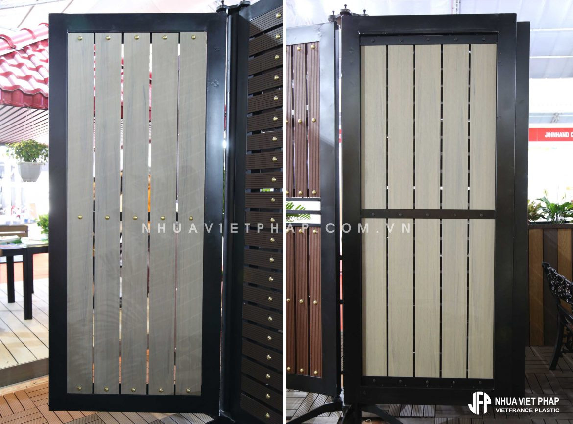 Cửa cổng gỗ nhựa composite hiện đại sử dụng thanh sàn 2 lớp Hi-class ốp dọc
