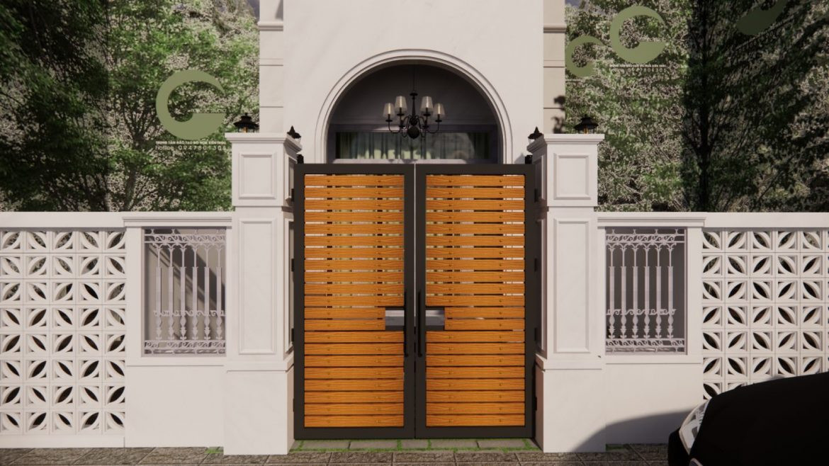 Cửa cổng gỗ nhựa composite thiết kế ngang, tạo điểm nhấn ấn tượng