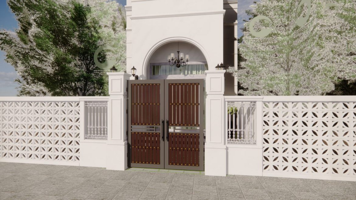 Cửa cổng gỗ nhựa composite với thiết kế dọc trẻ trung, hiện đại