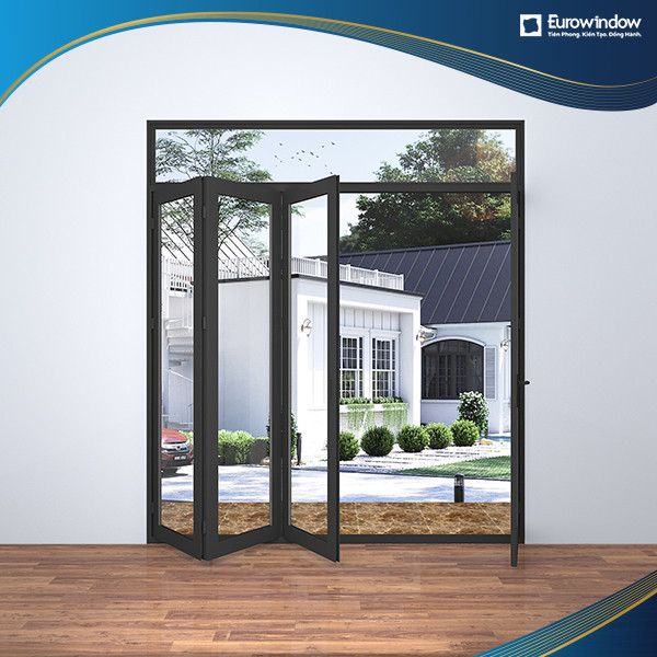 Cửa đi nhựa Eurowindow xếp trượt 3 cánh màu đen, mang đến vẻ sang trọng và khả năng mở rộng không gian tối đa cho mặt tiền biệt thự, tìm hiểu giá cửa nhựa eurowindow loại xếp trượt.