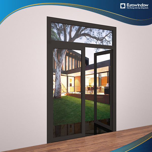 Cửa đi nhựa lõi thép Eurowindow mở quay ngoài 2 cánh màu đen, được lắp đặt cho lối ra vào căn hộ cao cấp, mang lại vẻ sang trọng. Khách hàng thường tìm báo giá cửa nhựa Eurowindow cho các thiết kế hiện đại như thế này