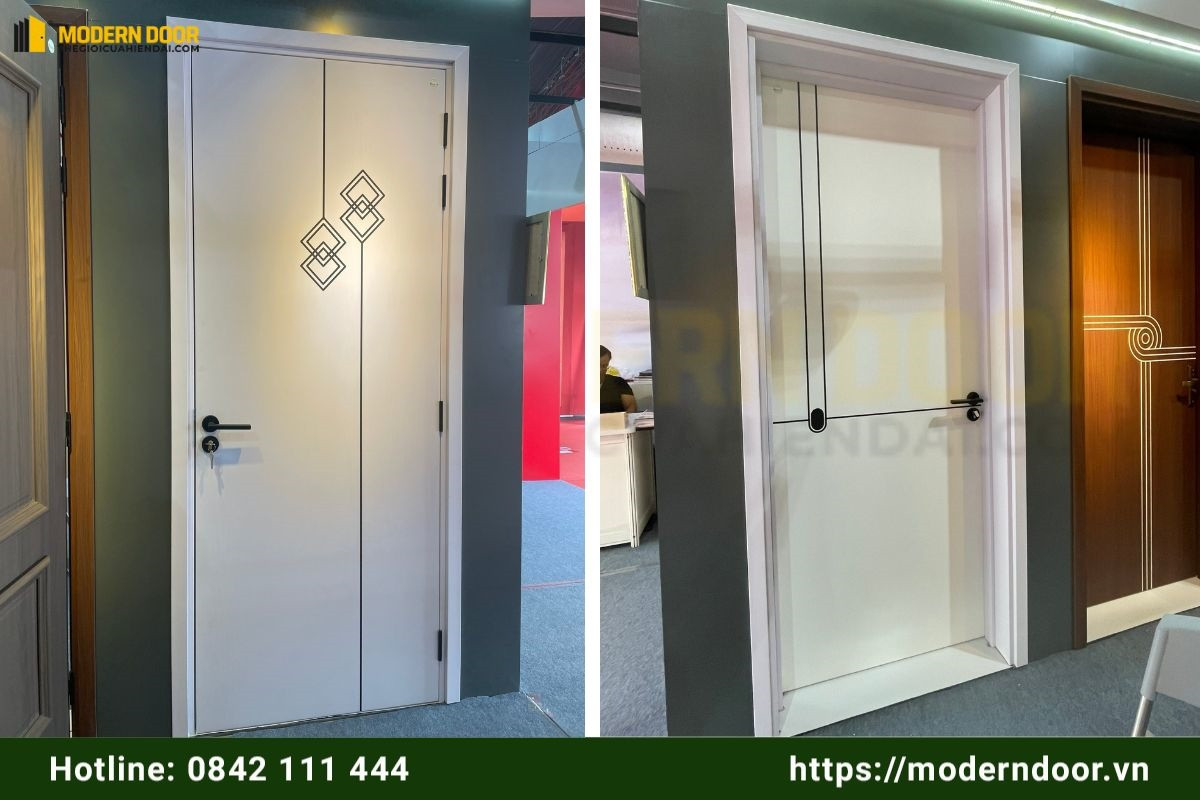 Cửa gỗ nhựa Sungyu màu trắng, phào chỉ tạo điểm nhấn sang trọng