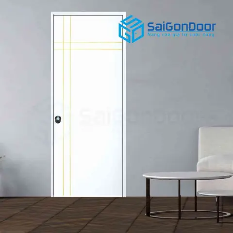 Mẫu cửa gỗ phòng ngủ màu trắng đường viền nổi màu vàng Mẫu cửa gỗ phòng ngủ màu trắng đường viền nổi màu vàng