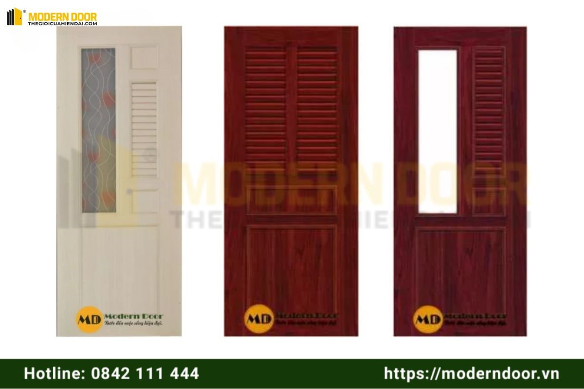 Cửa nhà vệ sinh nhựa PVC ghép thanh giả gỗ có ô kính