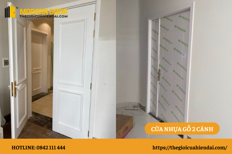 Cửa nhựa gỗ 2 cánh composite phù hợp cho không gian phòng khách hoặc cửa chính rộng