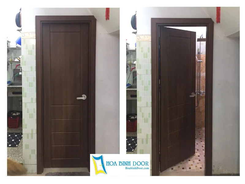 Cửa phòng nhựa giả gỗ ABS Hàn Quốc màu kem, họa tiết kẻ ngang