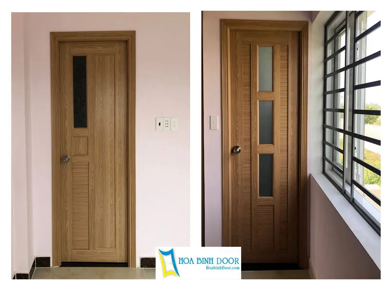 Cửa phòng nhựa giả gỗ Đài Loan màu gỗ sáng, thiết kế panel dọc