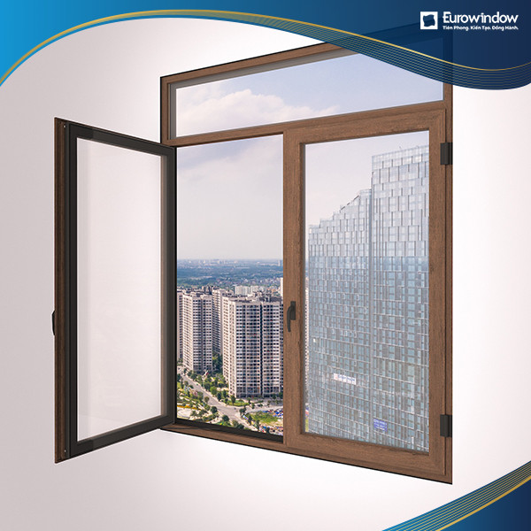 Cửa sổ nhựa Eurowindow mở quay trong 2 cánh màu nâu, lý tưởng cho căn hộ cao tầng với tầm nhìn panorama đẹp, mang lại sự ấm cúng và sang trọng, cập nhật giá cửa nhựa eurowindow.
