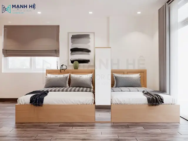 Mẫu 27: Phòng ngủ gỗ sồi với điểm nhấn giường đôi kết hợp giường đơn